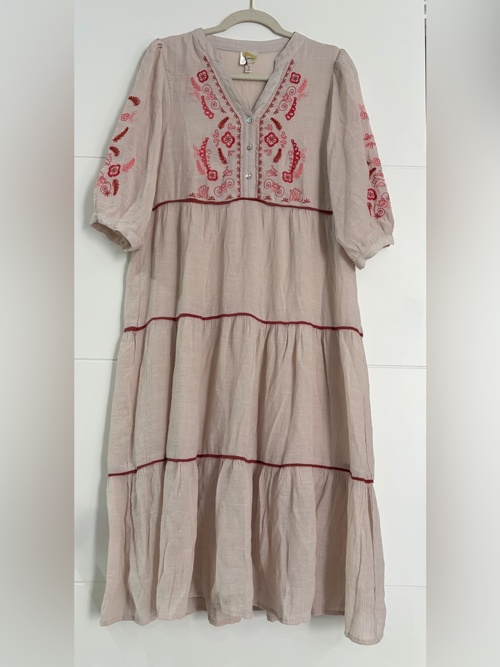 Fig and Flower Blush Tiered Maxi Dress with Red/Pink Embroidery, Women’s Large